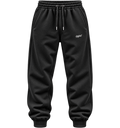 Black jogger sweatpants with an elastic drawstring waist and ribbed ankle cuffs, featuring a small white script logo on the left thigh.