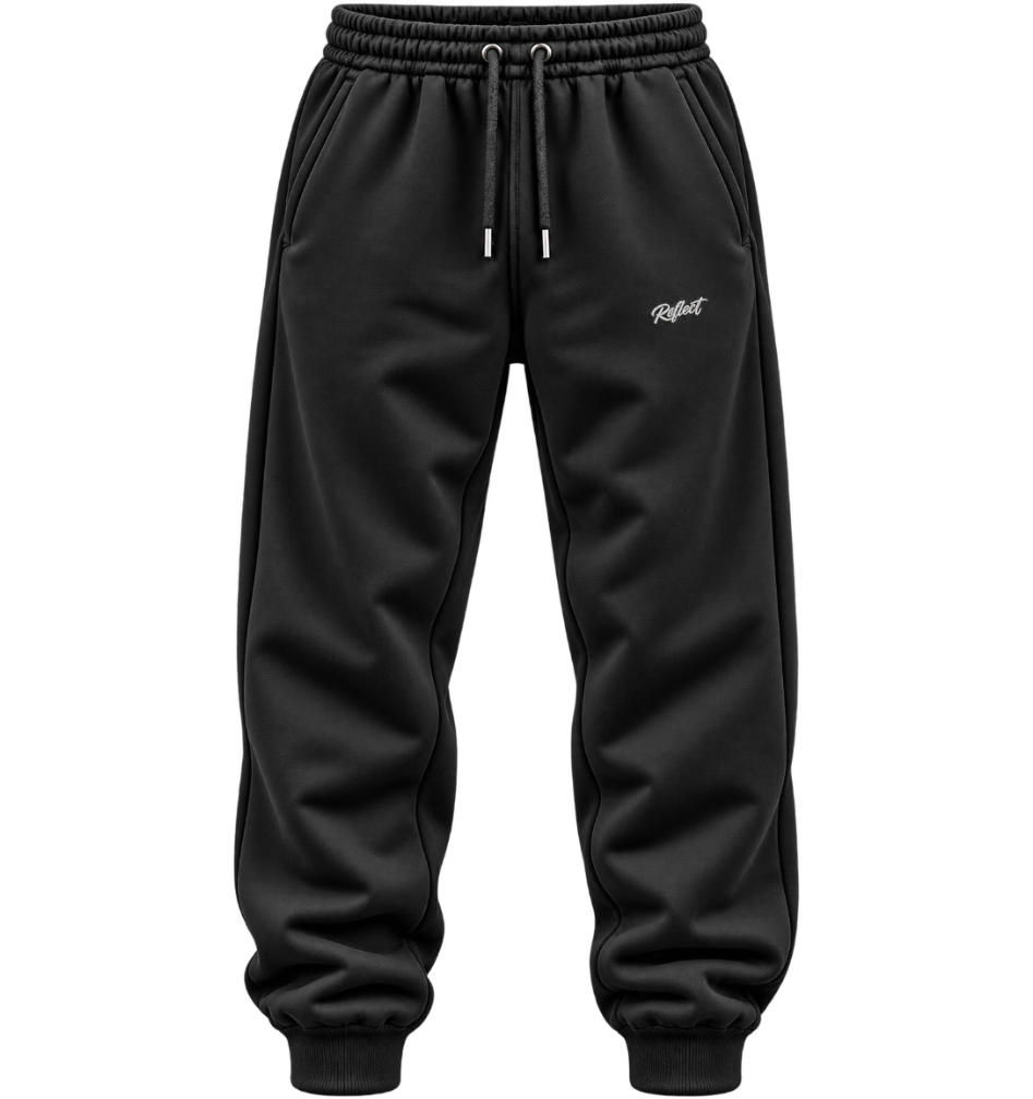 Black jogger sweatpants with an elastic drawstring waist and ribbed ankle cuffs, featuring a small white script logo on the left thigh.