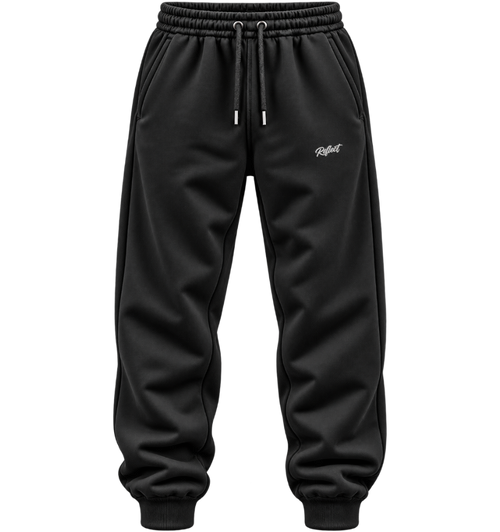 Black jogger sweatpants with an elastic drawstring waist and ribbed ankle cuffs, featuring a small white script logo on the left thigh.