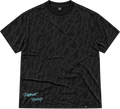 A black short-sleeve t-shirt with an all-over tonal script pattern and a light blue 'Different Reality' graphic near the bottom left, displayed on a clean white background.