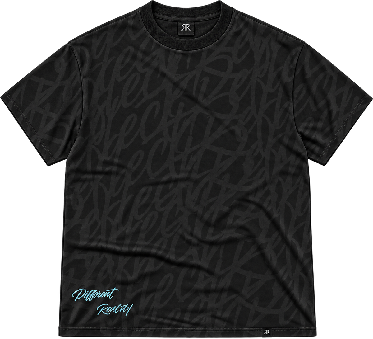 A black short-sleeve t-shirt with an all-over tonal script pattern and a light blue 'Different Reality' graphic near the bottom left, displayed on a clean white background.