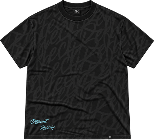 A black short-sleeve t-shirt with an all-over tonal script pattern and a light blue 'Different Reality' graphic near the bottom left, displayed on a clean white background.