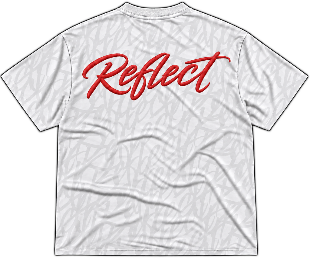 White short-sleeve t-shirt with a subtle light gray patterned background and a large red cursive 'Reflect' graphic printed across the back.